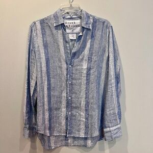 Blue and White Striped FRANK & EILEEN “Eileen” Linen Blouse Size Small